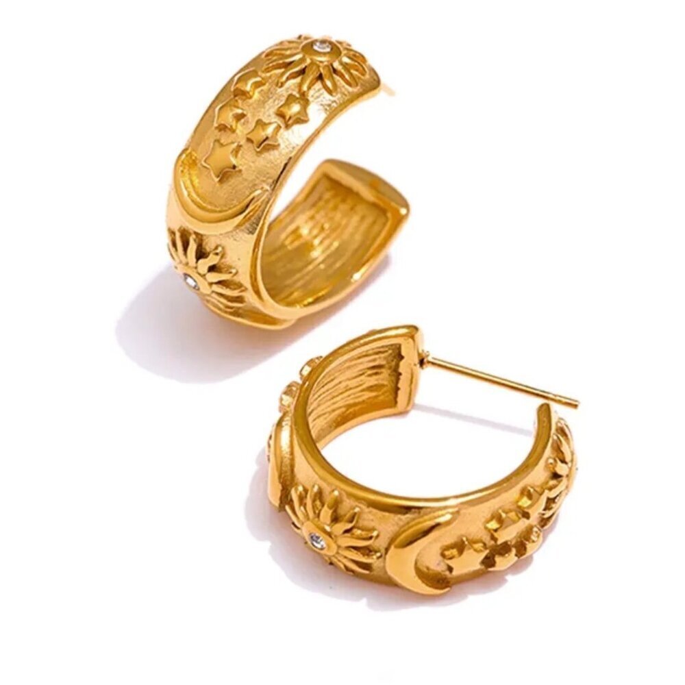 NWT Star Moon Hoop Earrings 18K Gold Plated CZ Relief Textured Celestial Boho